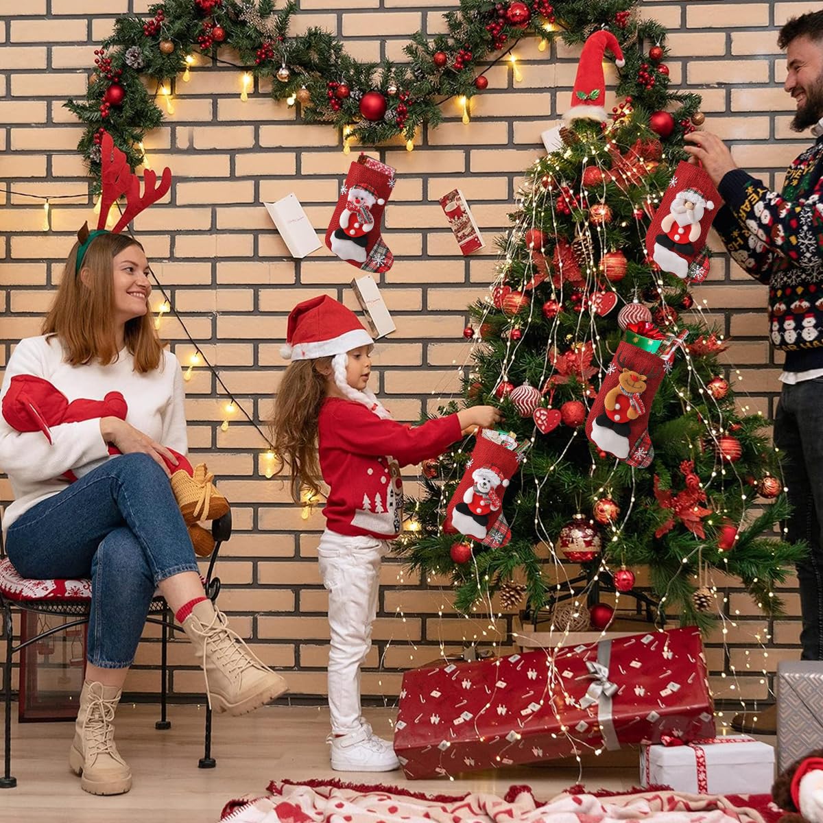 HASTHIP Christmas Stockings 4PCS Set for Tree or Fireplace Decor featuring Red Bear Santa Snowman and Reindeer Designs