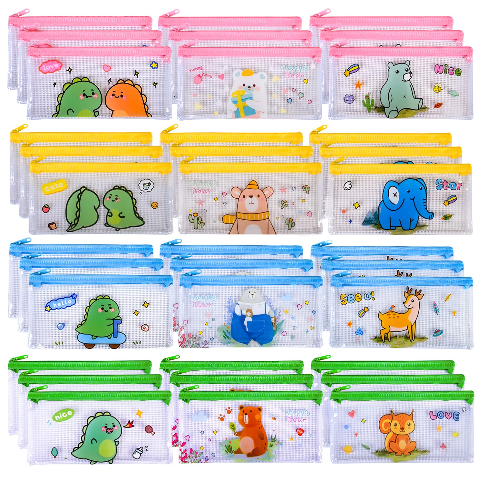 Climberty® 12Pcs Pencil Bags Stationeries Storage Pouch Pencil Pouches Cartoon Clear PVC Zippered Pouches, 4 Designs, Art Supplies Storage Organizer Bags, Student Pencil Pouches, 20x10.3cm