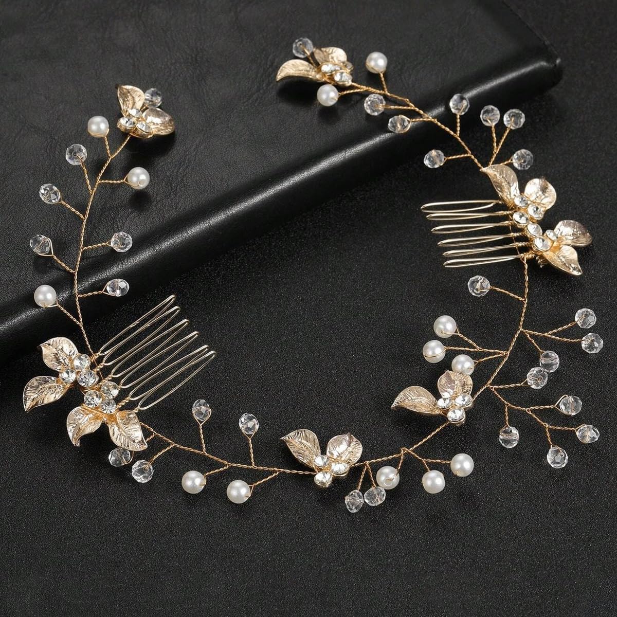 SANNIDHI Bridal Hair Accessories for Wedding with Golden Leaf Pearl Design | Secure Side Combs