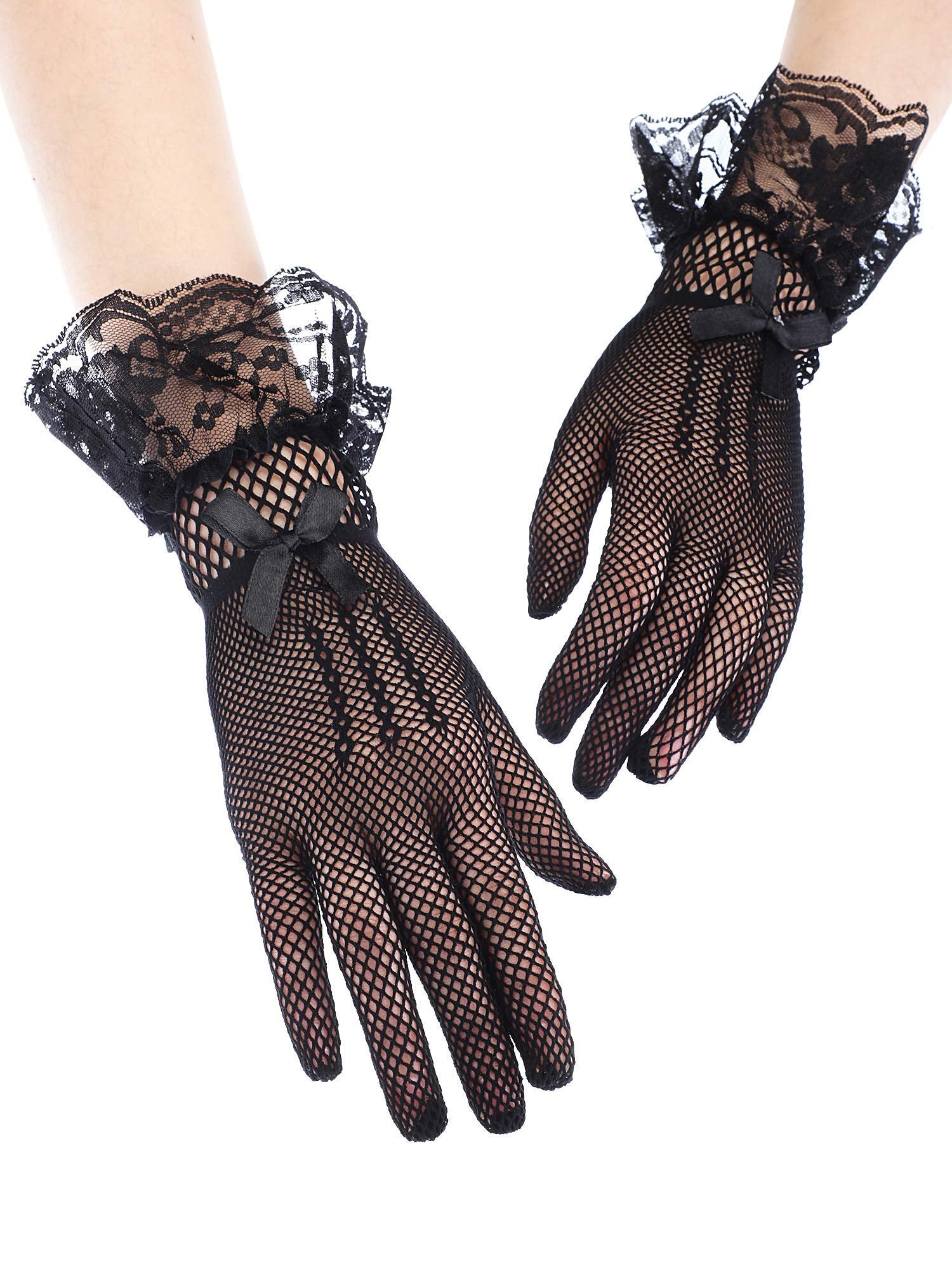 GUSTAVE Ladies Lace Gloves Elegant Short Gloves Courtesy Summer Gloves for Wedding Dinner Parties (Black)