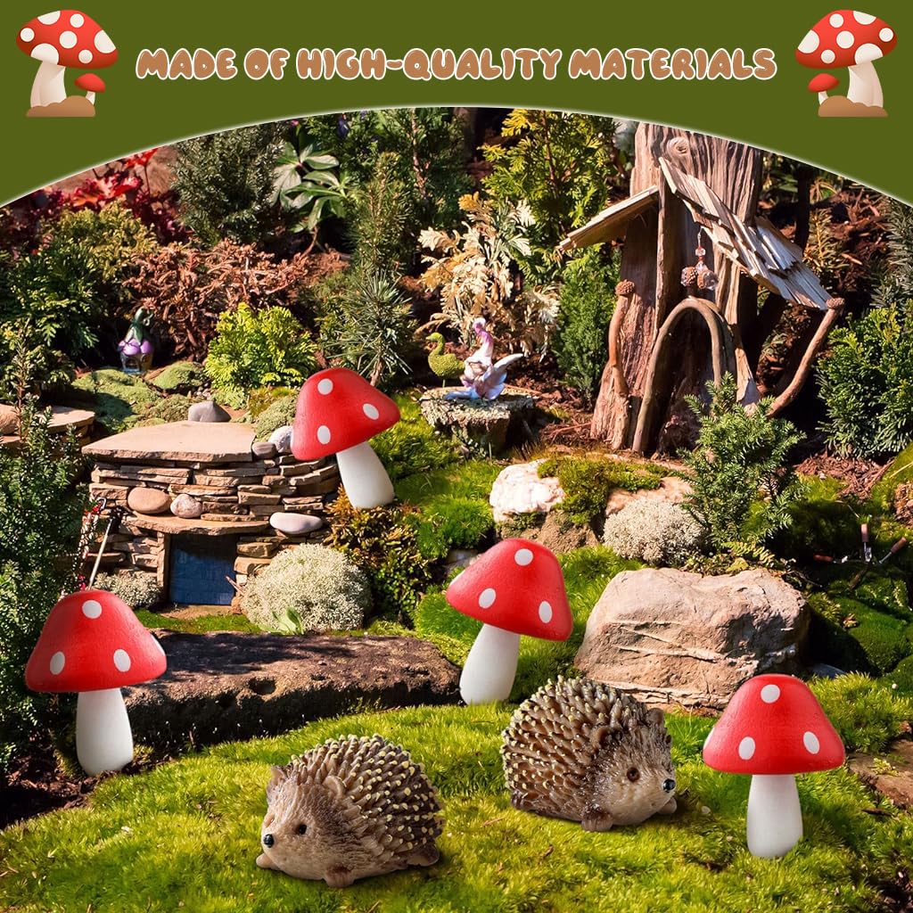 Supvox 6Pc Miniature Garden Decor - Resin Hedgehogs & Wood Mushroom - Fairy Garden Decor - Moss Landscape Miniature Decorations - Suitable for Moss Landscape, Garden Ornaments, Flower Pots, Dollhouse