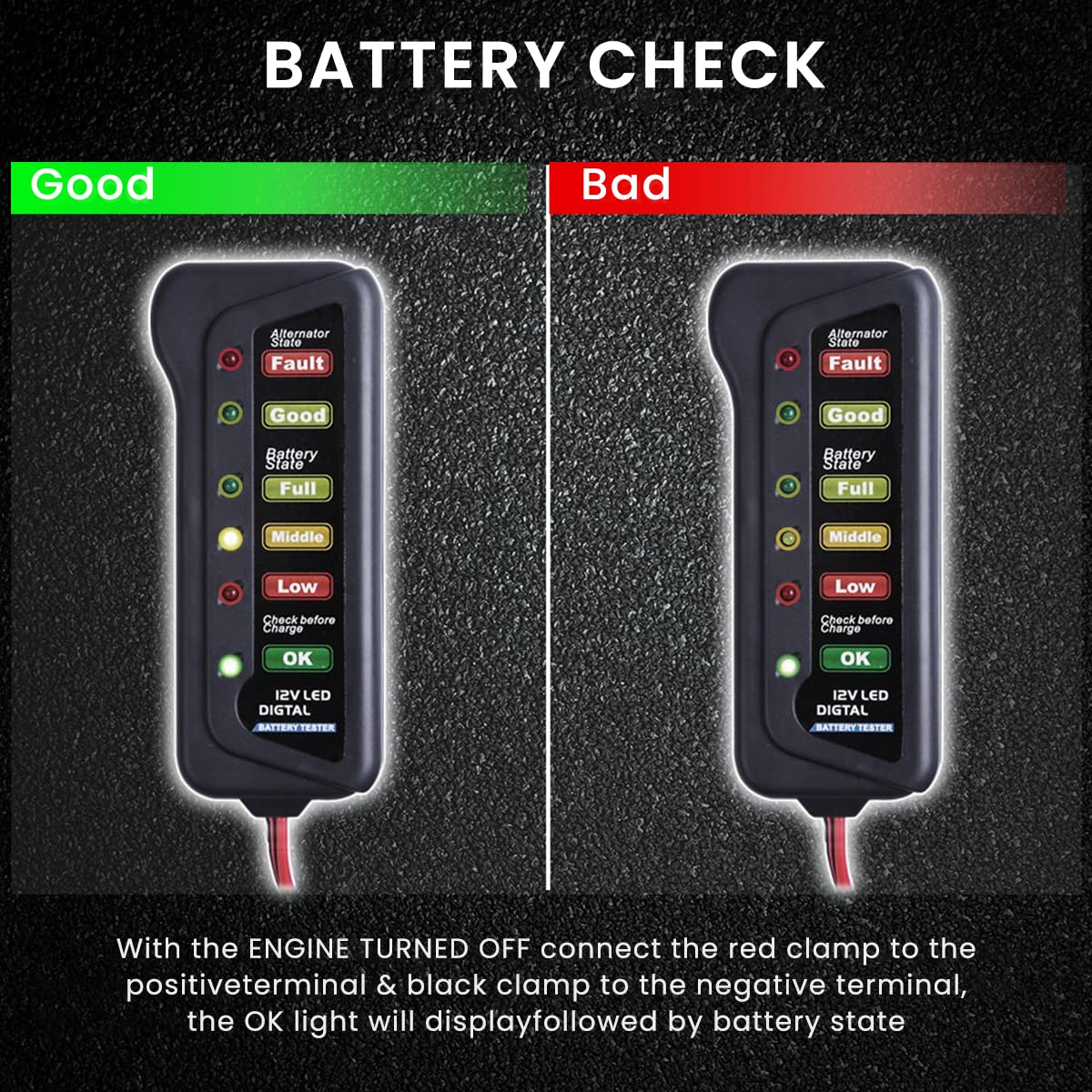 STHIRA Lukzer 12V Digital Battery Tester Alternator for Vehicles with 6 LED Lights