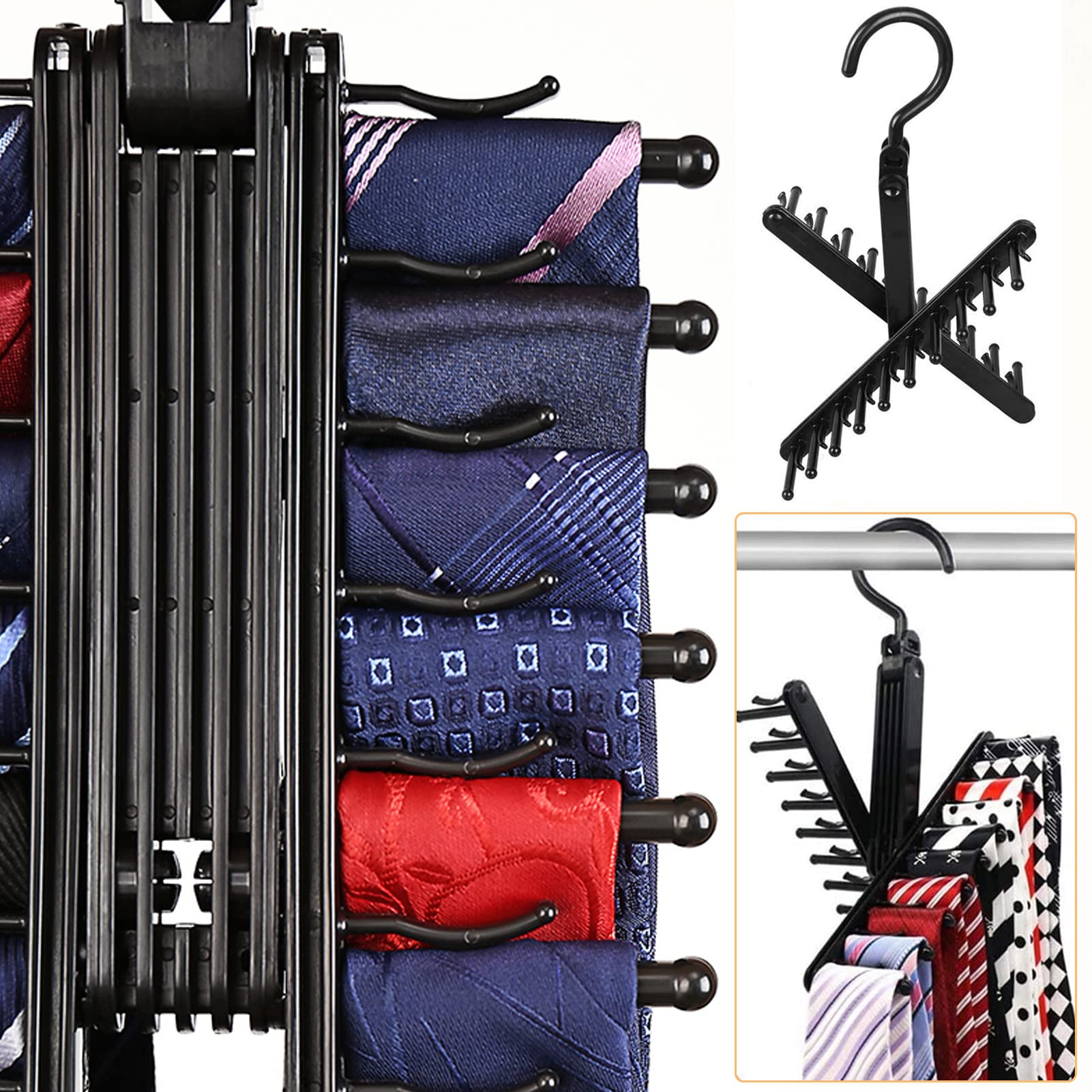 ZIBUYU Hanger for 20 Tie Organizer with 360 Degree Rotating Rack and Non Slip Clips for Closet