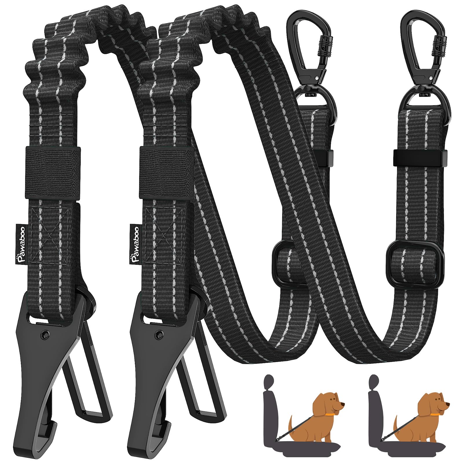 STHIRA® 2Pack Dog Seatbelt for Car, 3-in-1 Dog Car Bungee, Shockproof Tether with Buckle & Hook Latch, Adjustable Reflective Harness Leash