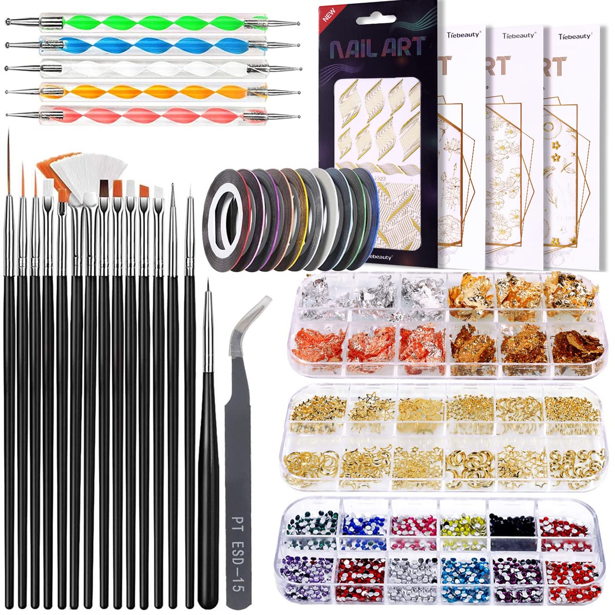 MAYCREATE Nail Art Kit for Girls with 15 Brushes 5 Rhinestone Pens and 10 Striping Tapes | 3D Stickers and Glitter Decorations for DIY Nails