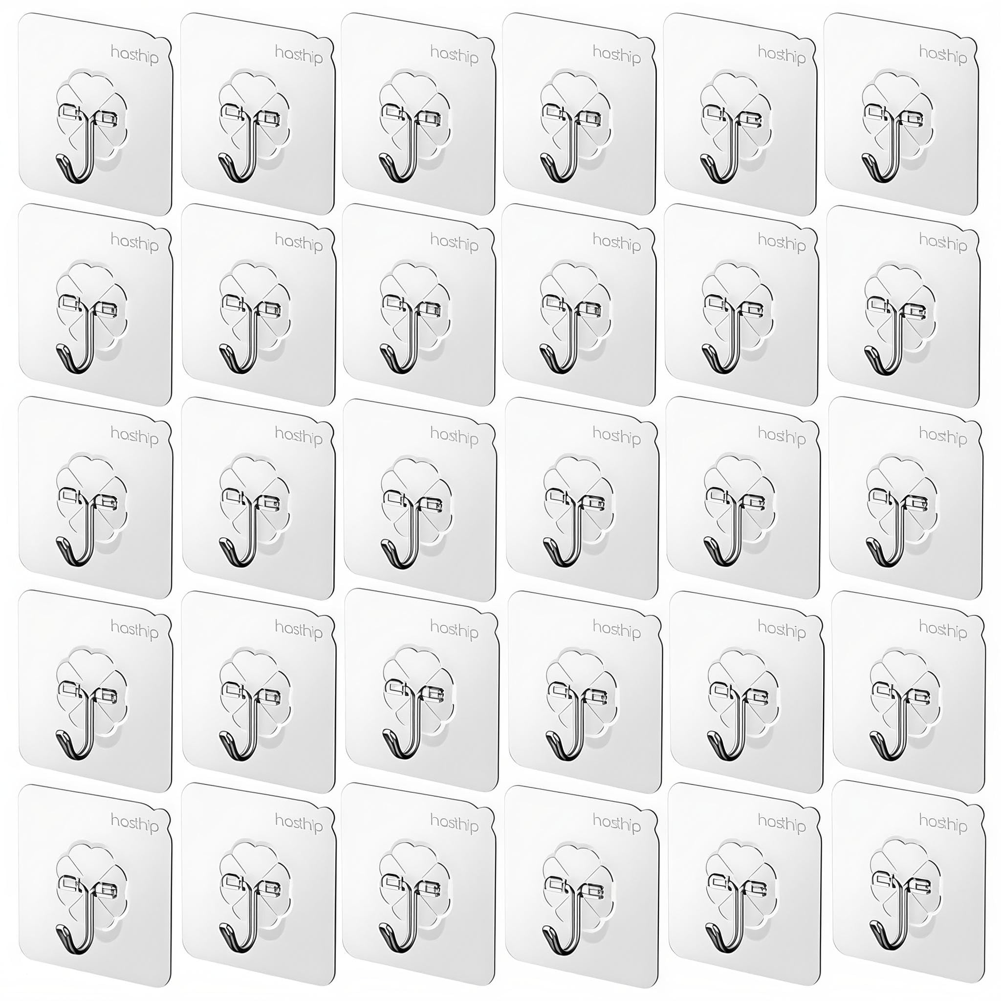 HASTHIP Wall Hooks 30 Pack for Bathroom and Kitchen featuring Strong Acrylic Backing Glue | Clear Self Adhesive Waterproof Design