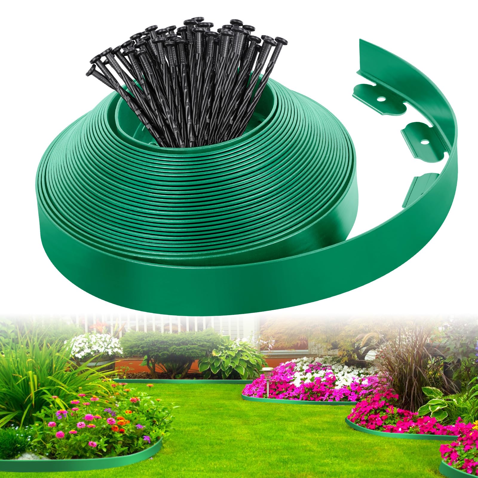 HASTHIP® 32.8ft Garden Edging Border Green 2 Inch Width Landscape Edging Border Cut-to-fit Landscape Border UV Resistant Garden Trim Fence for Outlining Flower Bed, with 3Pcs Nails