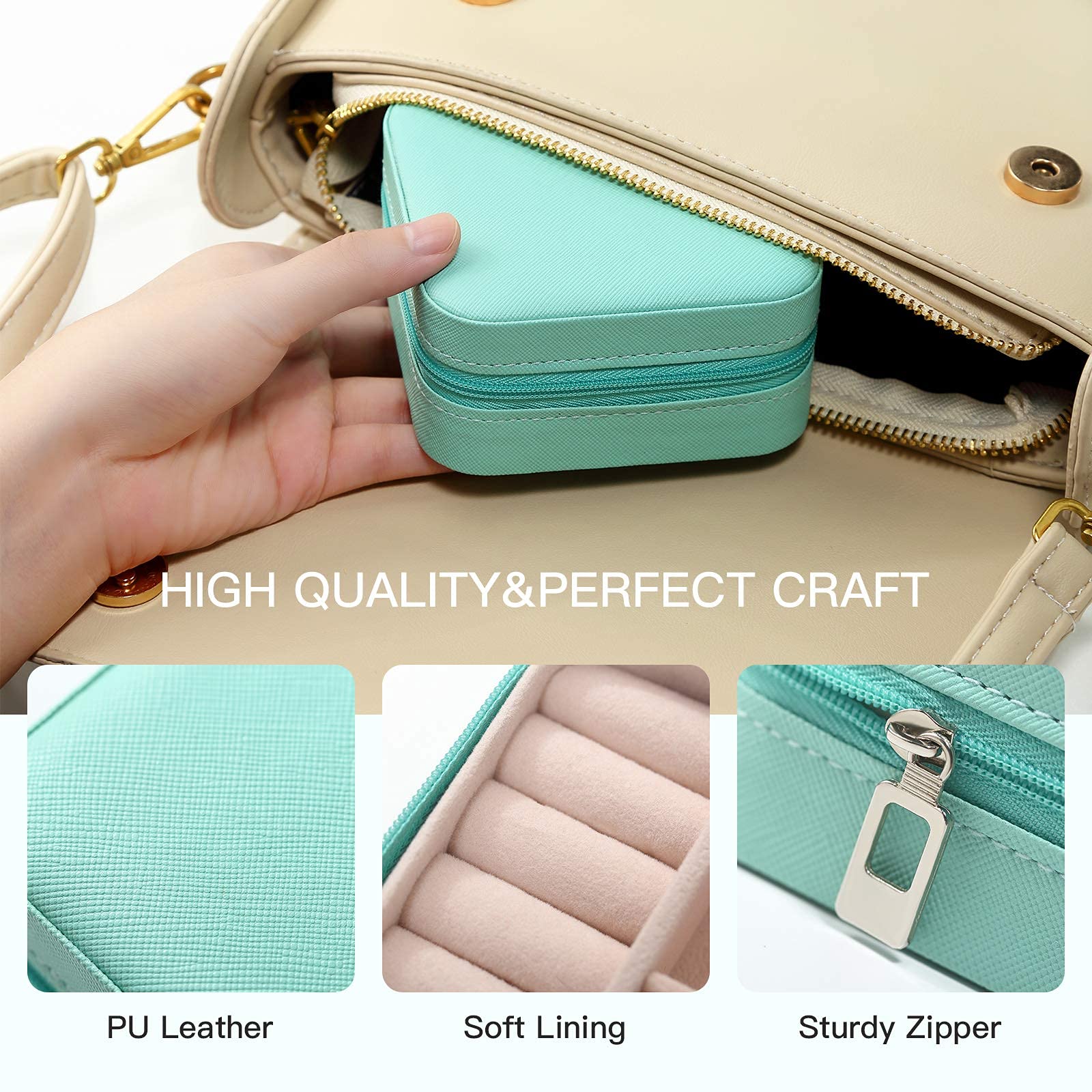 SANNIDHI Jewellery Box for Travel with 10×10×5cm Compartments featuring Safety Zipper | Mint Green PU Leather Organizer for Girls and Women