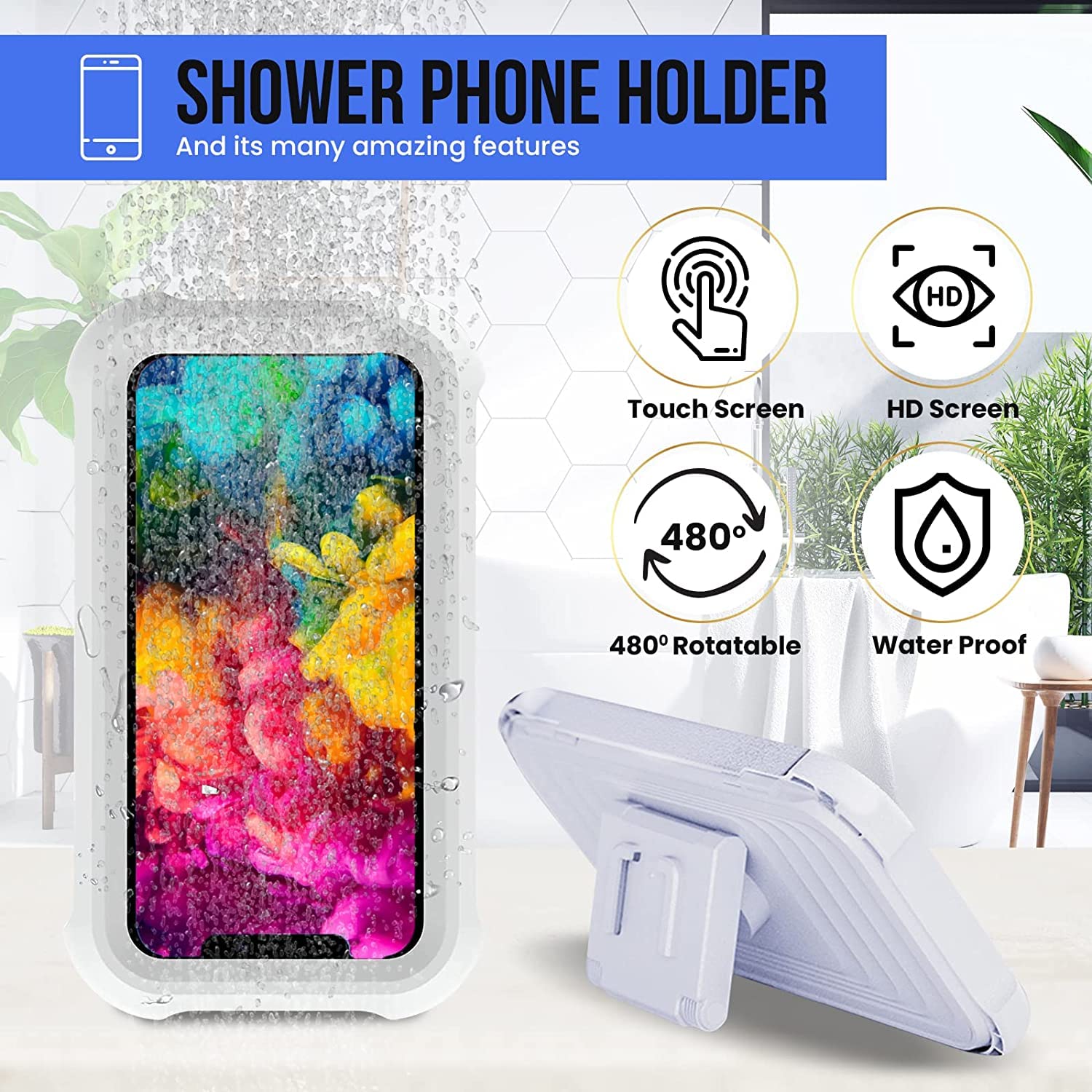 ZORBES Shower Phone Holder Waterproof, Anti-Fog Universal Phone Stand Case with HD Touch Screen and 480¡ãRotation Design, Bathroom Wall Mount Waterproof Pouch for iPhone 14 13 12 11 Pro Max XS XR