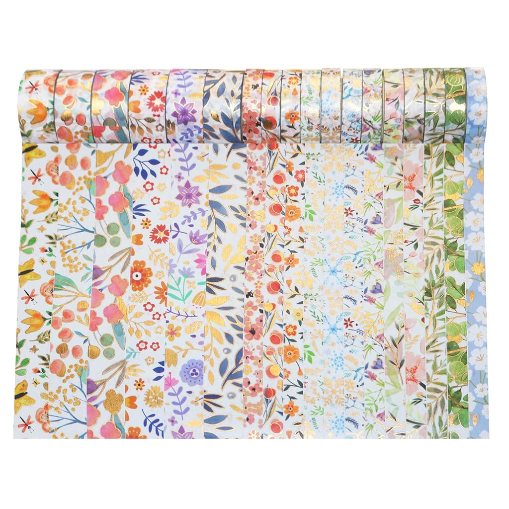 HASTHIP® 18 Rolls Gold Foil Flower Paper Tape Set Colored Decorative Painter Handcraft Scrapbooking Bullet Diary DIY Gift Packaging 2PCS