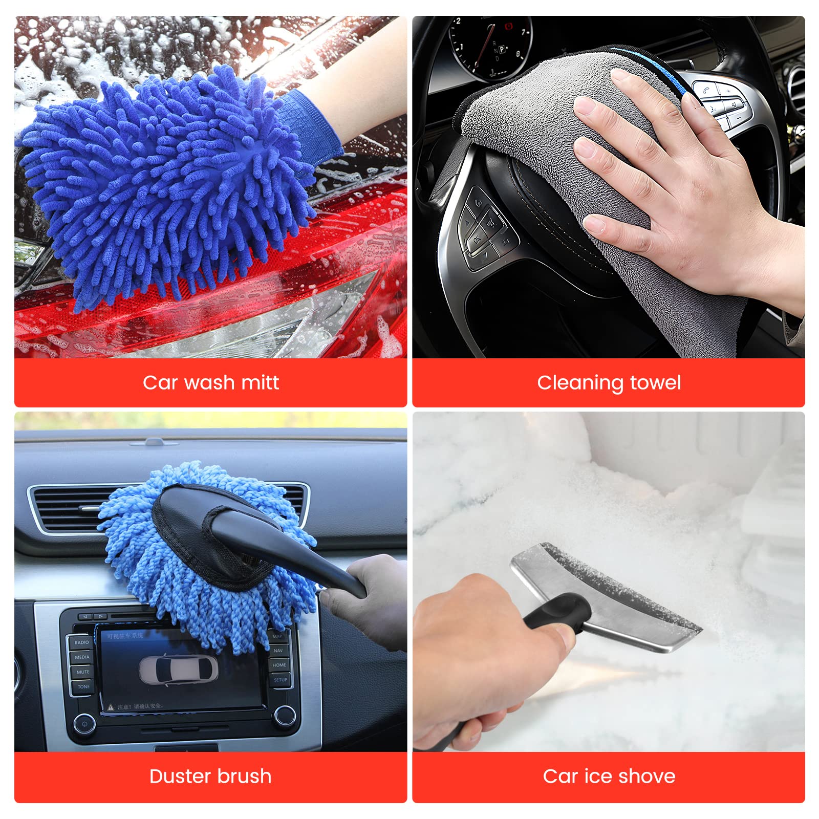 STHIRA® 18Pcs Car Cleaning Brush Kit with Wash Mitt Sponge Towels, Tire Brush Tool Set, Interior Exterior Car Care Detailing Set for Car Motorcycle Bike Cleaning Wheels, Engine, Emblems, Air Vents Use