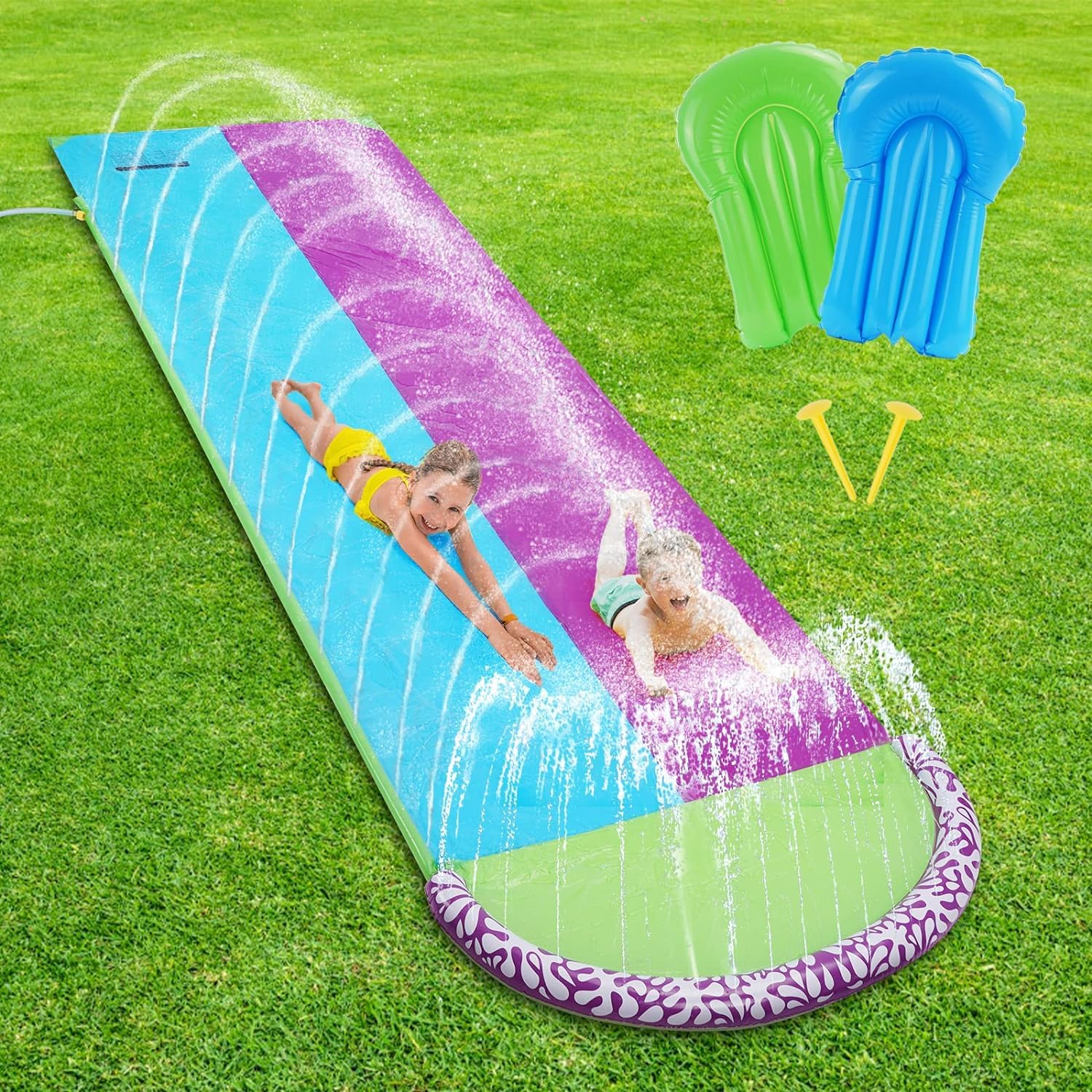 PATPAT® 15.7*4.6ft PVC Water Lane Slip Slides Kids Water Lane Slip Slides with 2 Inflatable Lane Surfing Board Outdoor Summer Water Lane Slip Slide for Garden, Backyard