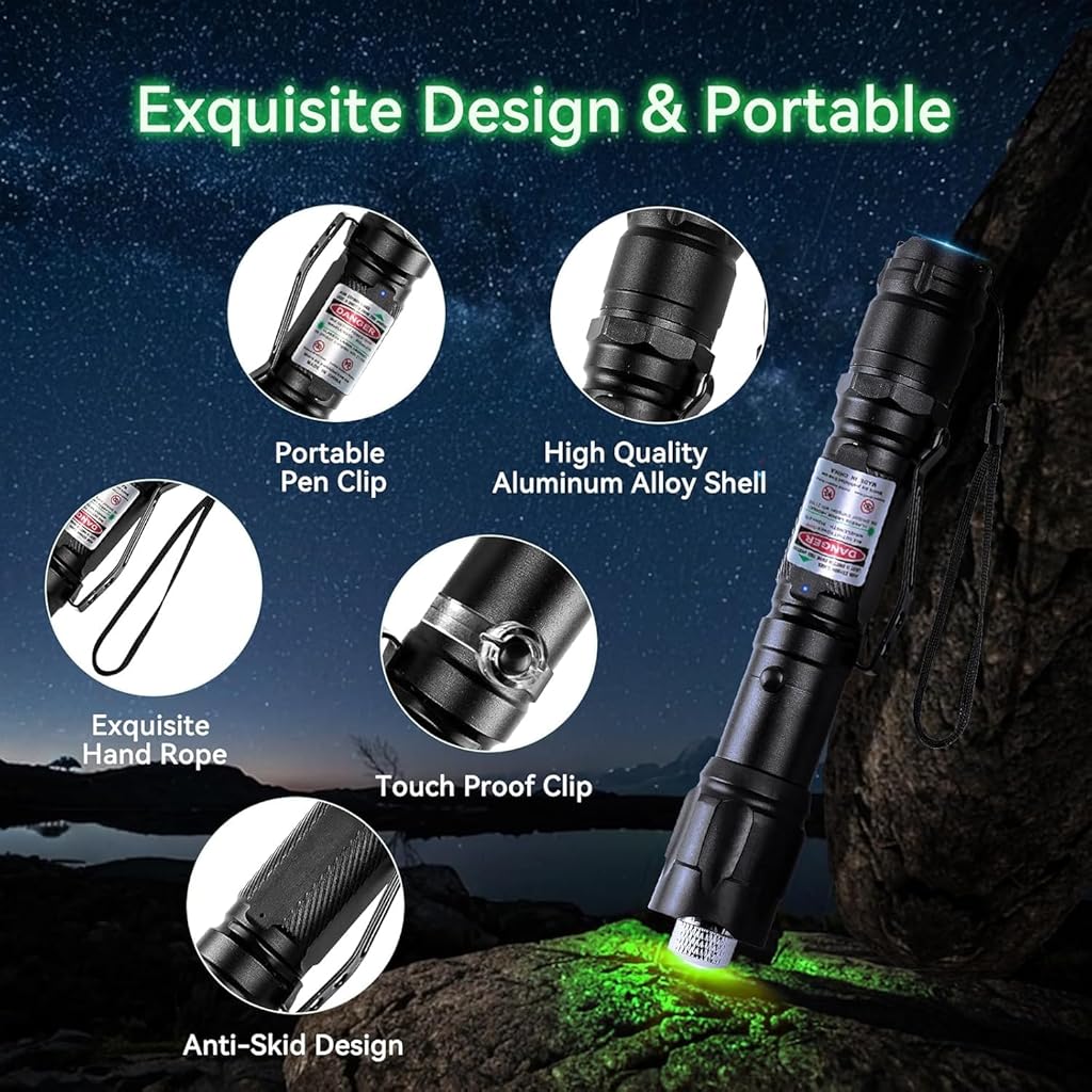 Climberty® LED Green Laser Pointer 10000m Long Range Beam Green Laser Pointer with 8 Patterns Waterproof Aluminum Alloy USB Rechargeable Green Laser Pointer for Stargazing, Hiking