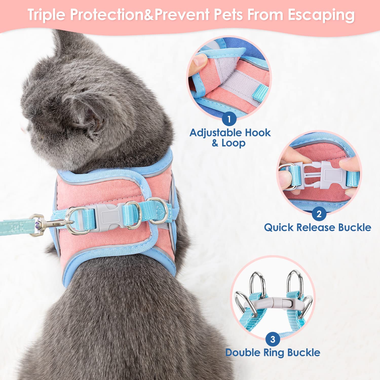 Qpets Cat Harness with Cat Leash for Walking, Adjustable Soft Sturdy Faux Suede Escape Proof Kitten Vest Harness and Leash with Reflective Strip for Large Medium Small Cat(Blue, Pink, M)