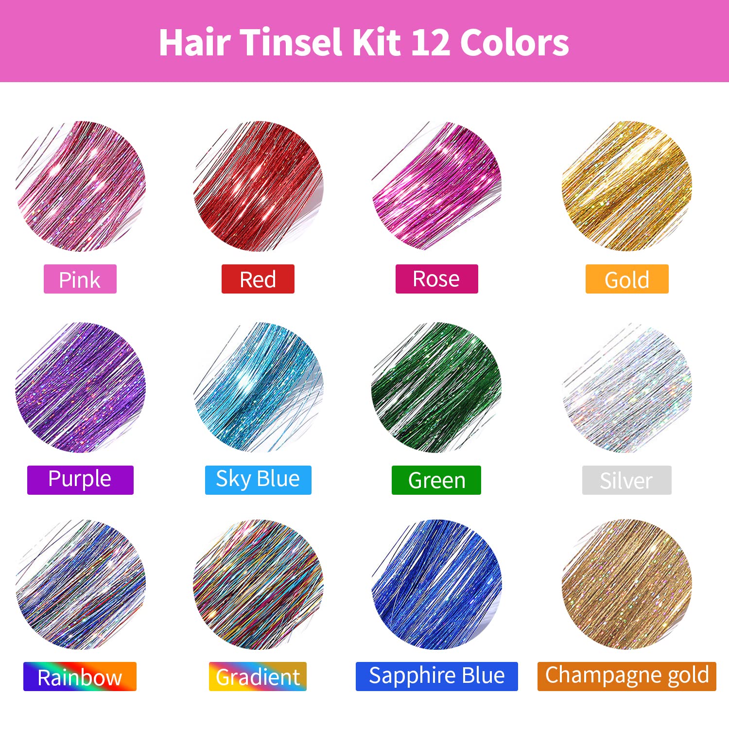 MAYCREATE Tinsel Hair Extensions for Party Styling with Tools and 47 in 12 Color Set | 2400 Strands