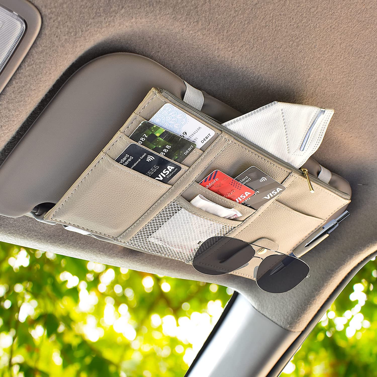 STHIRA Car Sun Visor Organizer for Cards and Sunglasses with Two Elastic Bands | Grey PU Leather 12 x 6 in Storage Pouch