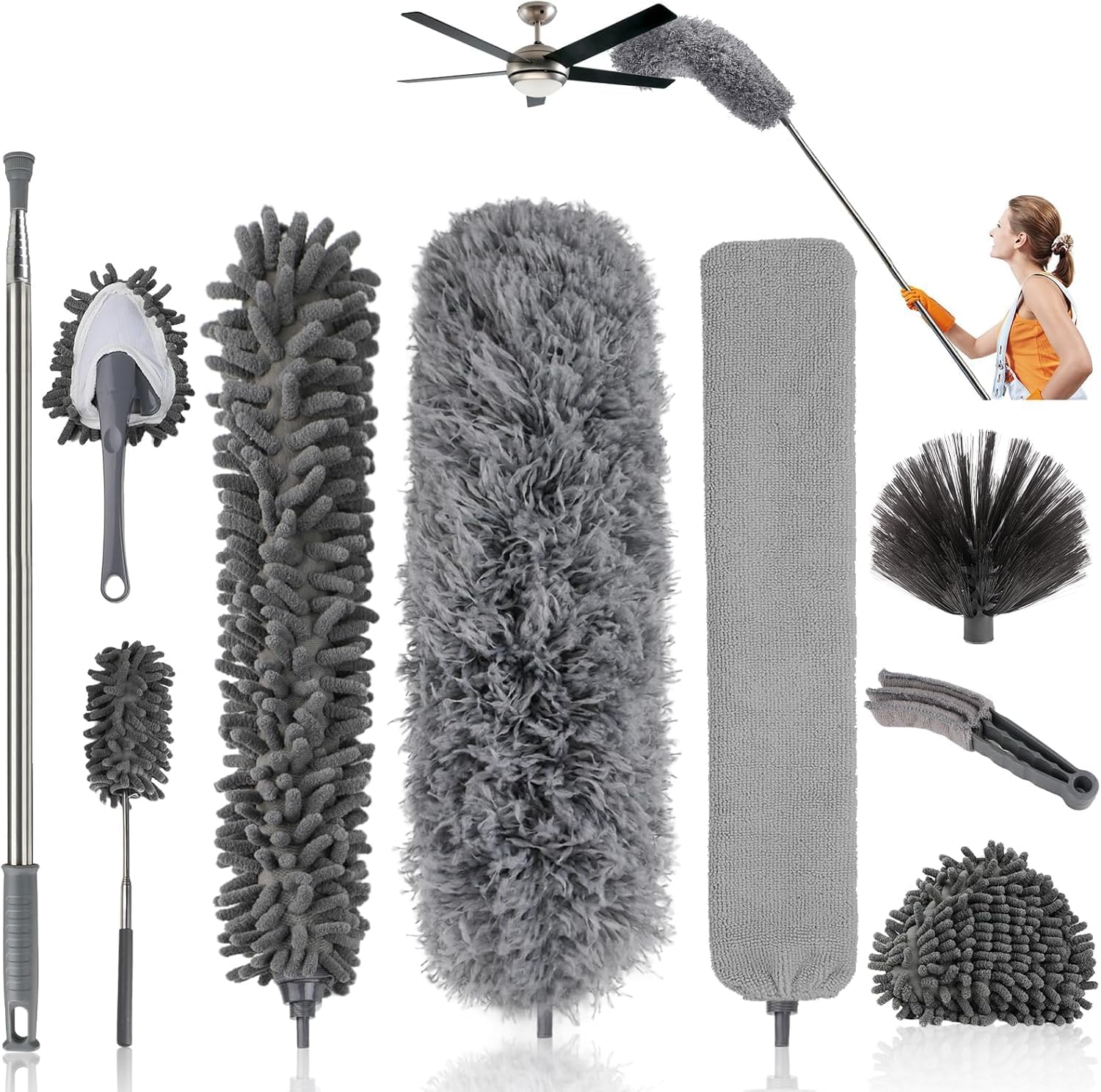 HASTHIP Ceiling Duster for High Ceiling Fans with 2.8m Telescopic Rod and 9‑Piece Kit | Microfiber and Chenille Cleaning Set