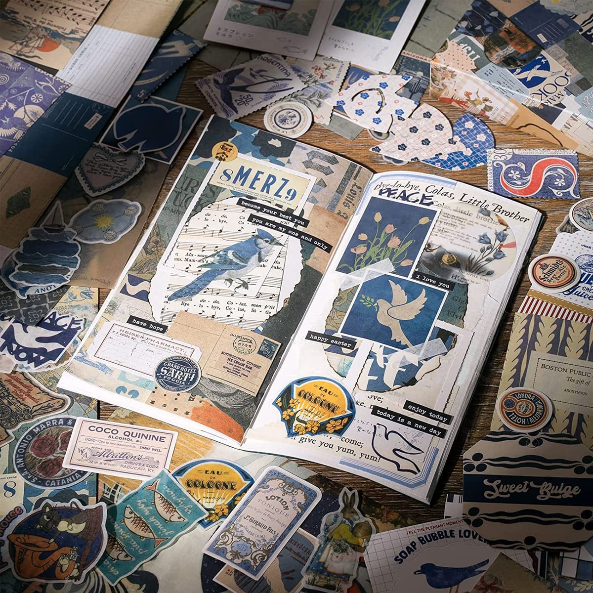 HASTHIP Scrapbook Stickers Kit for Journaling with 84 Paper Pieces including Notebook and Frames | Blue Vintage DIY Supplies