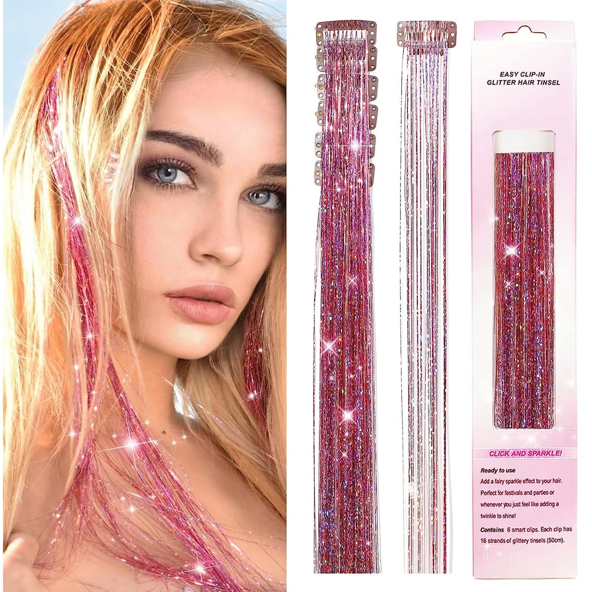 MAYCREATE® 6pcs Hair Tinsel Clip-in Glitter Hair Extensions for Women, 20.5in Pink Shiny Tinsel Strands, Heat Resistant Fairy Sparkle Hair Accessories for Girls Kids Festival Cosplay Party Gift