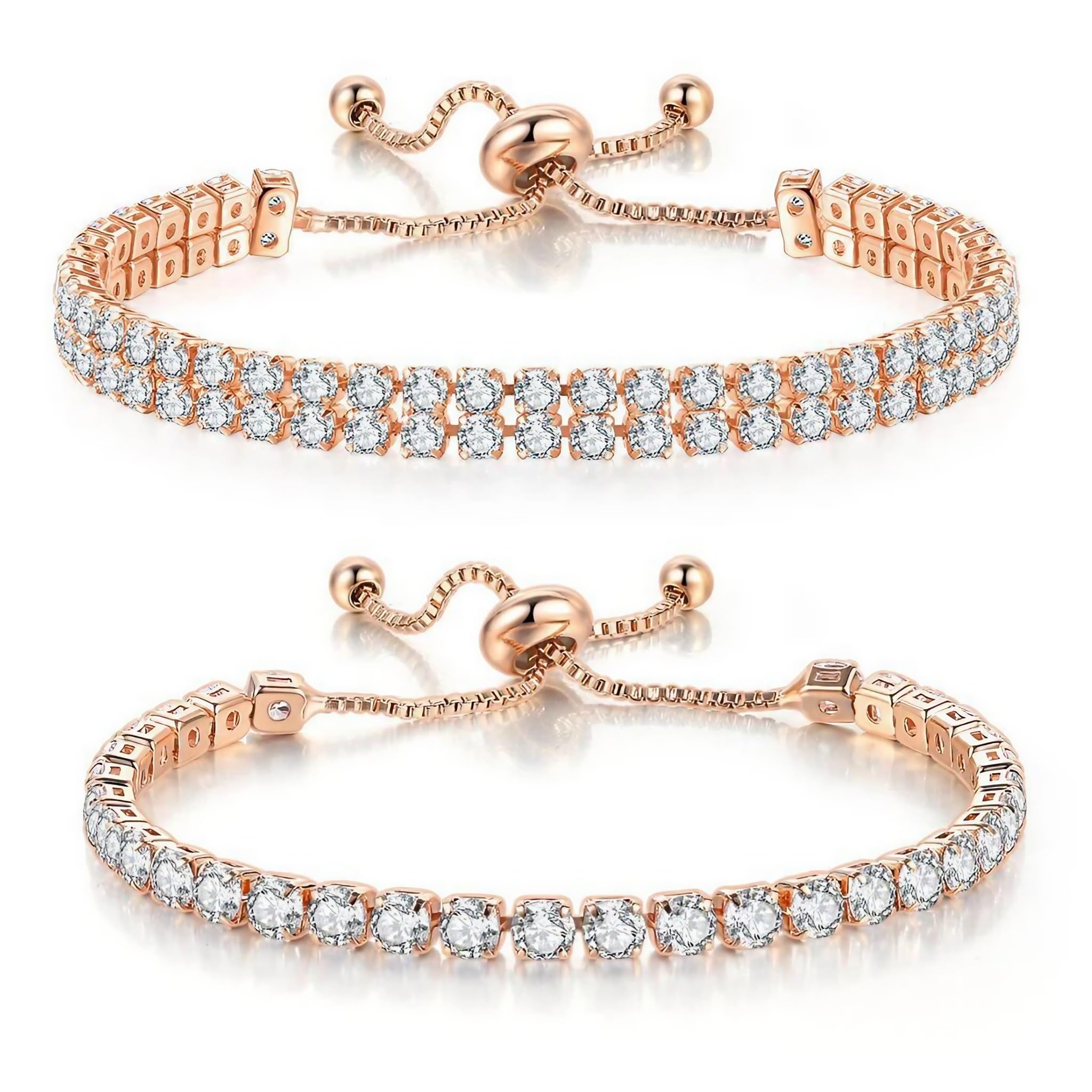 SANNIDHI Tennis Bracelets for Women with Adjustable Pull Closure and Cubic Zirconia Set | Rose Gold Stackable Jewelry Gift