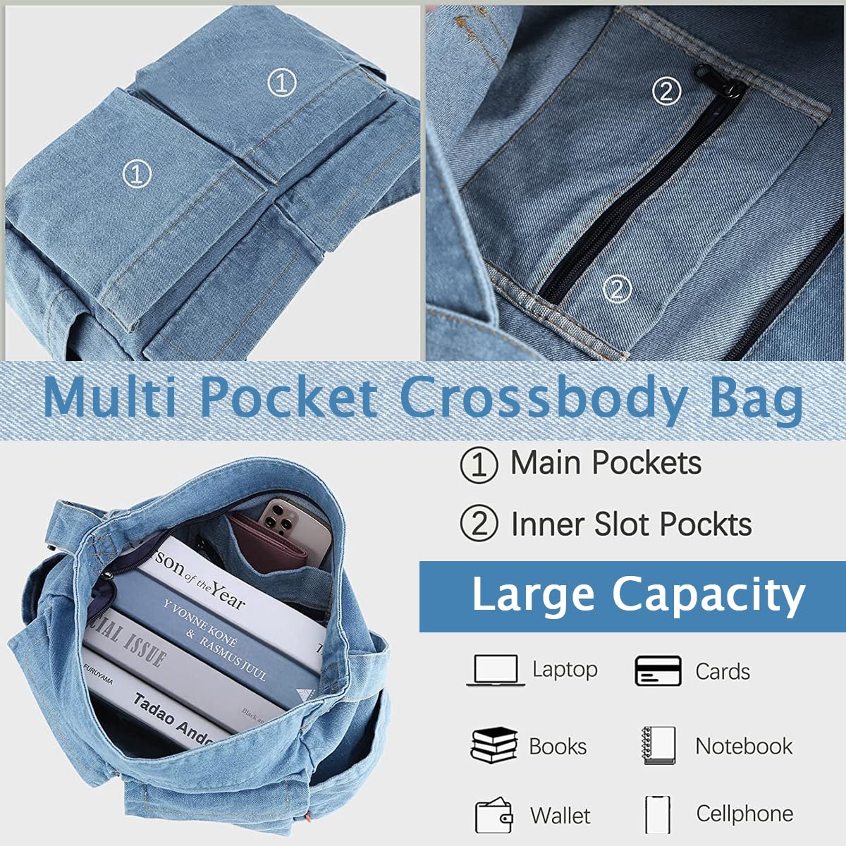 PALAY® Canvas Shoulder Bags For Women, Large Capacity Solid Soft Denim Leisure Travel Bag Multiple Pockets Denim Crossbody Bag Denim Bags