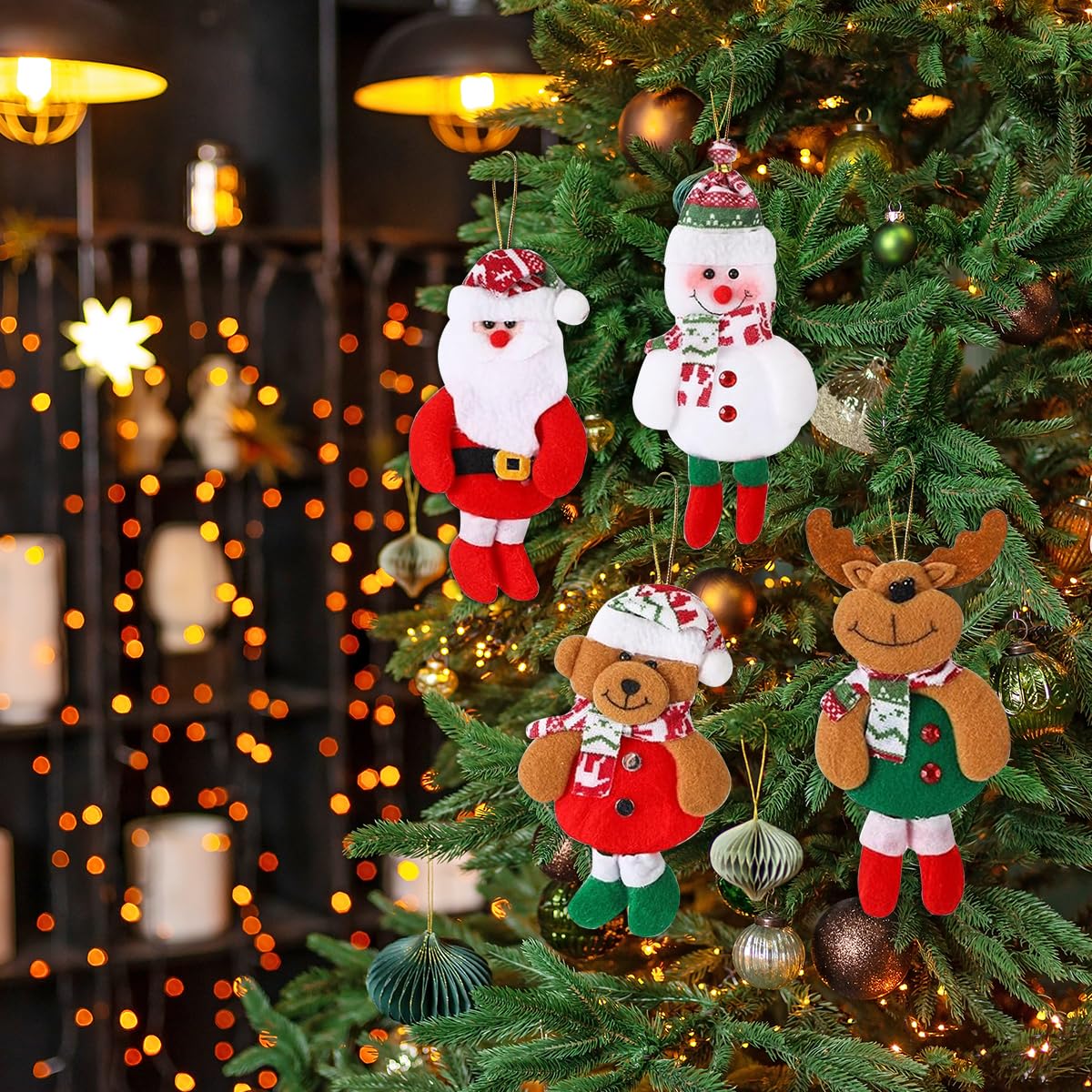 HASTHIP Christmas Tree Decorations 4Pcs Set with Santa Snowman Reindeer Bear | 17x8cm Cotton Ornaments for Home and DIY Crafts