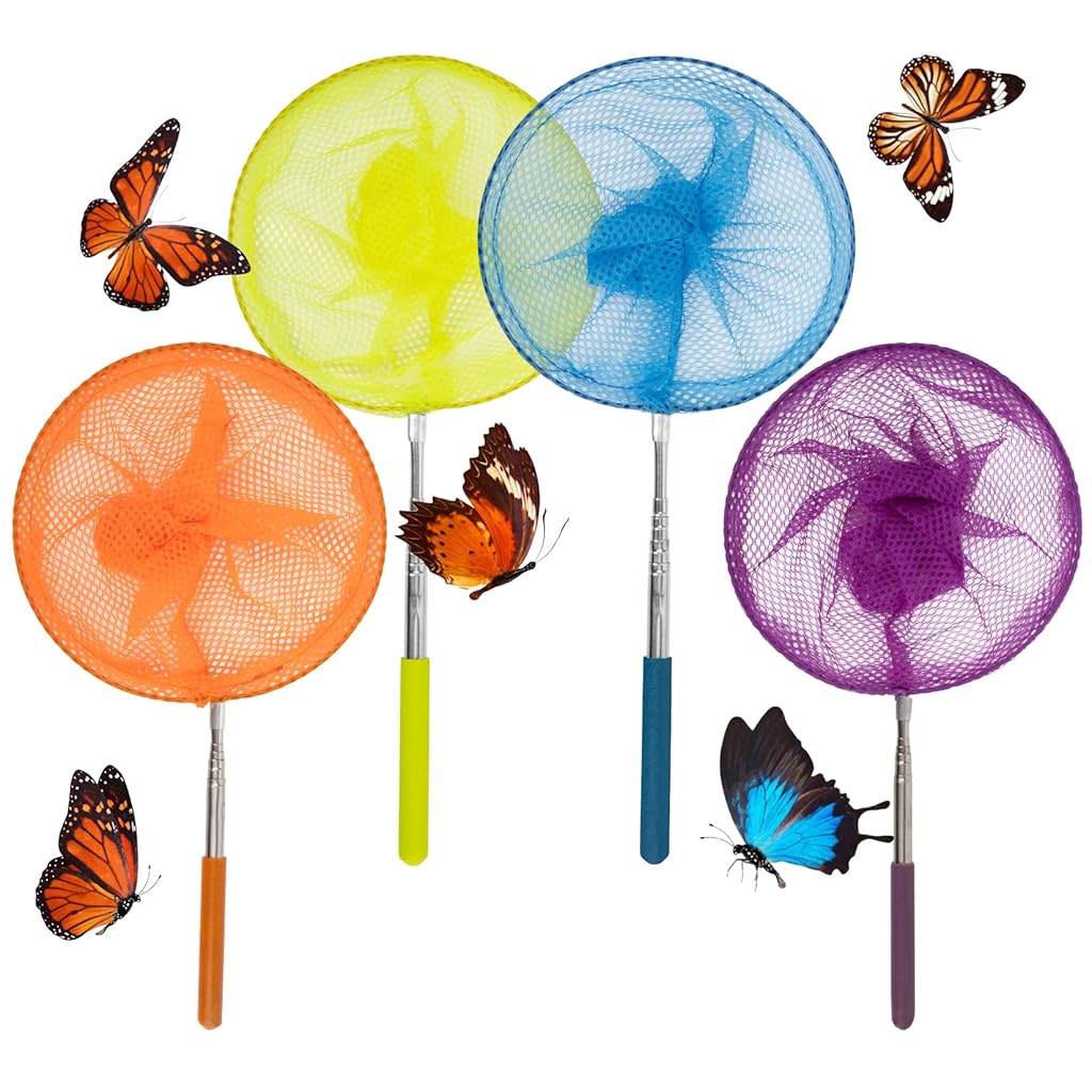 Qpets® 4Pcs Telescopic Fishing Net for Kids 7 inches Diameter Colored Butterfly & Insect Net Mesh Dip Net Multipurpose Rod Handheld Mesh Net for Fishing, Field Adventure, Butterfly Catching