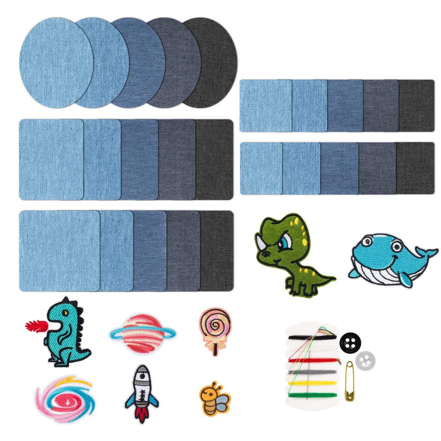 ZIBUYU Applique Patches for Clothing with Needle and Thread Accessories | 8pcs Blue Denim and Cartoon Designs