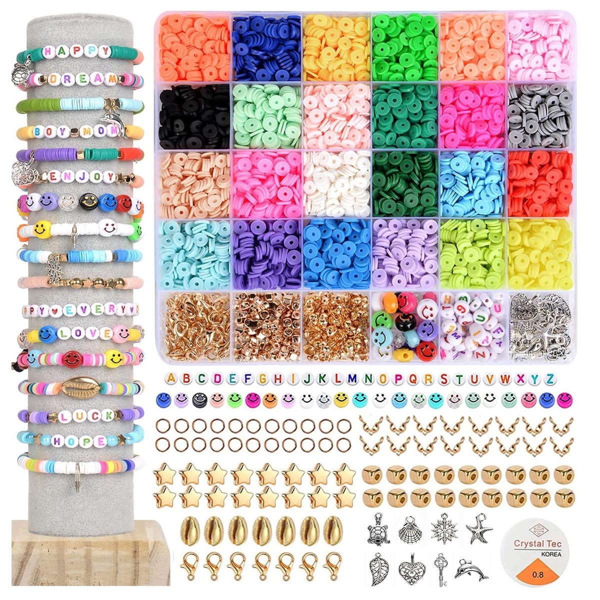 Venzina® 4000pcs Clay Beads For Jewellery Making Kit, 24 Colors Clay Beads for Bracelet Making, Polymer Flat Beads Alphabet Spacer Beads With Charms Elastic Strings DIY Craft Gift for Kids Girls Women