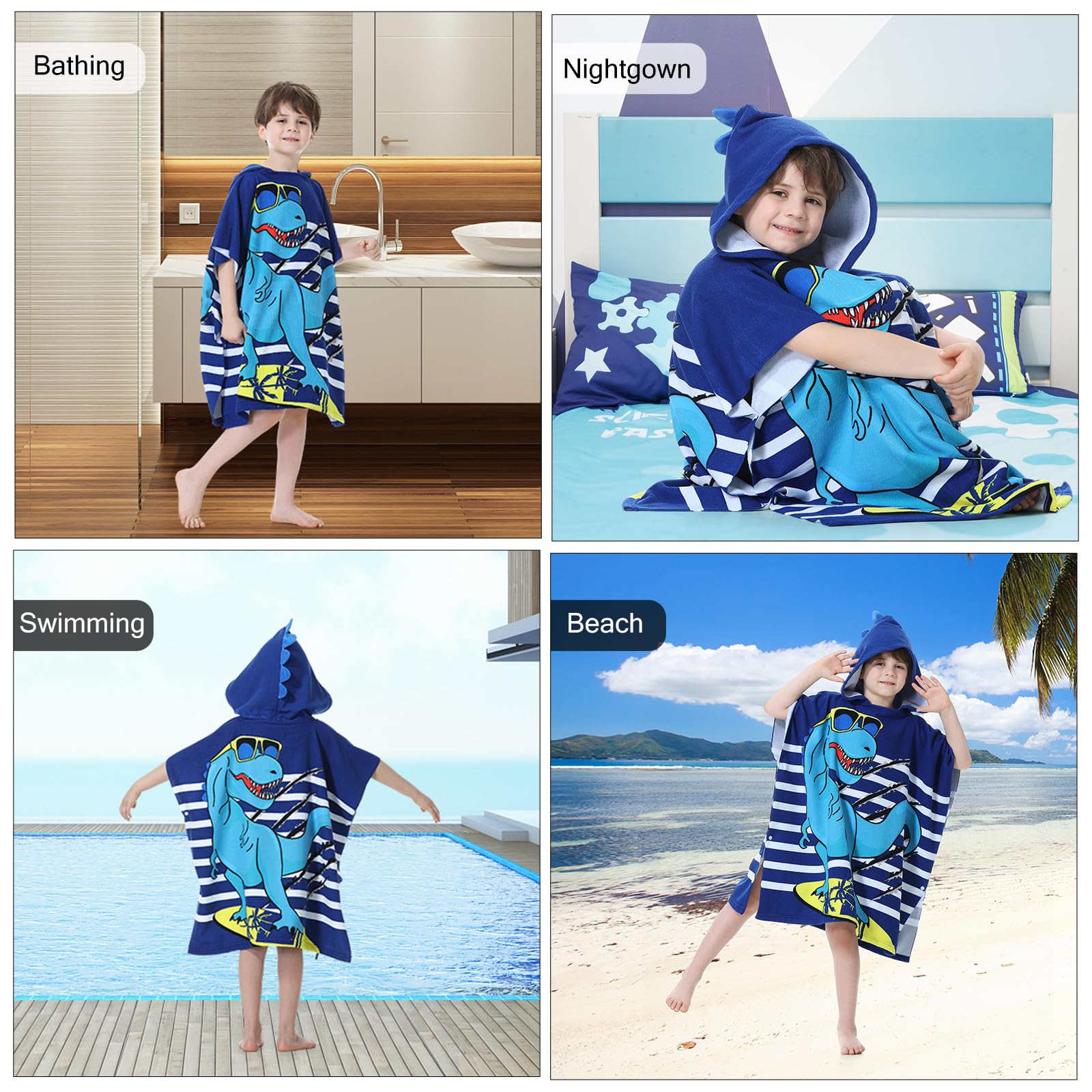 SNOWIE SOFT® Kids Hooded Bath Towel Boys Blue Dino Print Bath Towel Cloak Soft Absorbent Fine Fiber Boys Hooded Cloak Bath Towel with Drawstring Bag, 75 x 150 cm