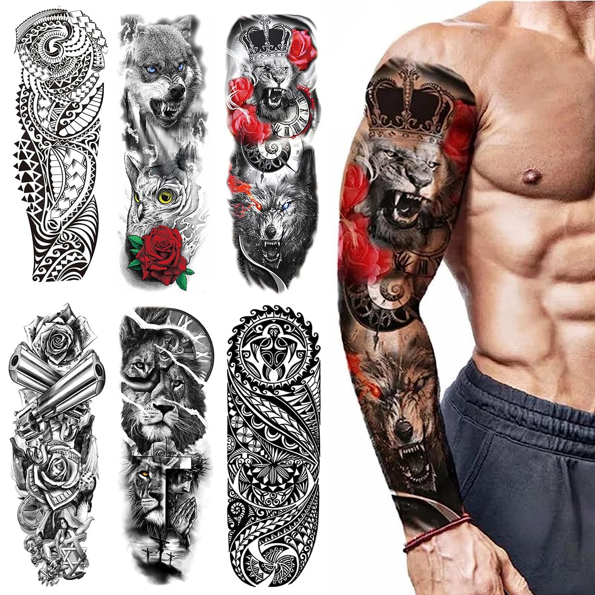 MAYCREATE® 6 Sheets Temporary Tattoos for Arm, Legs, Large Sleeve Waterproof Temporary Tattoo Stickers for Men Women, Theme Temporary Tattoo for Party, Club, Perform, Special Makeup