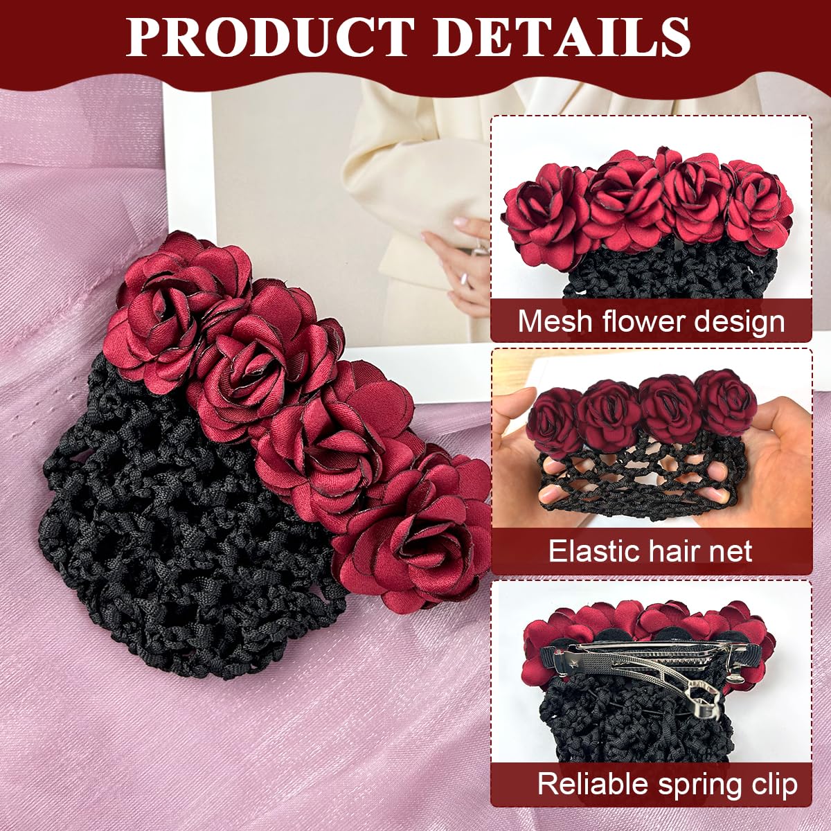 MAYCREATE Hair Bun Accessories for Women with Alloy Spring Clip and Cloth Net 3 PCS | Elegant Rose Flower Design for Daily Wear