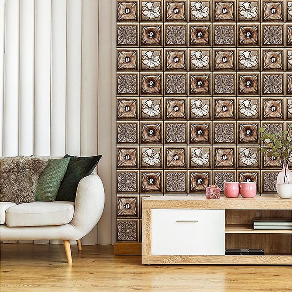 HASTHIP 3D Wall Stickers for Home Decor with 6pc 27.5 in Square Beige Wood Texture Panels