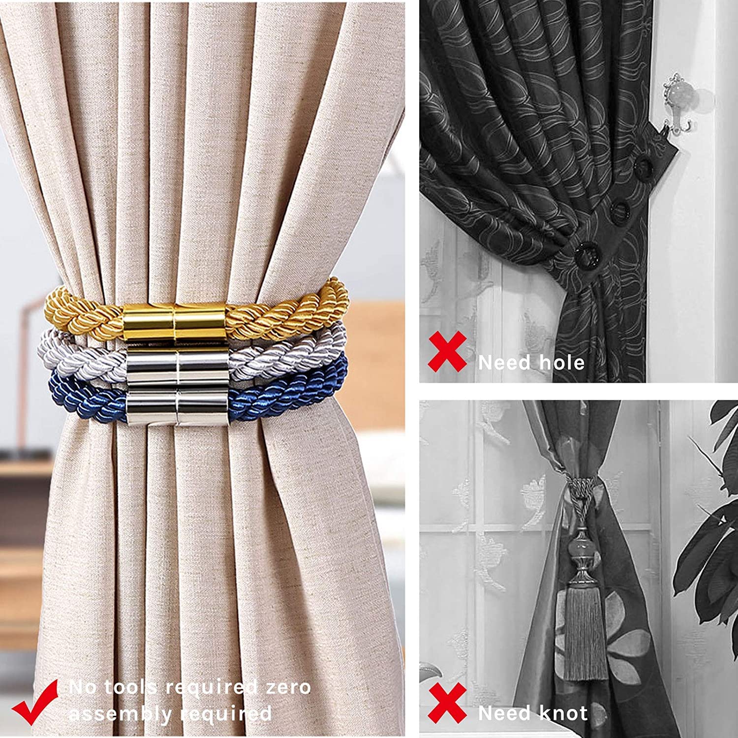 HASTHIP  Magnetic Curtain Tie Backs Clips Curtain Buckles Holdbacks Binding Weaving Tie Band 2 Pieces for Home Office Decorative Medium Gold