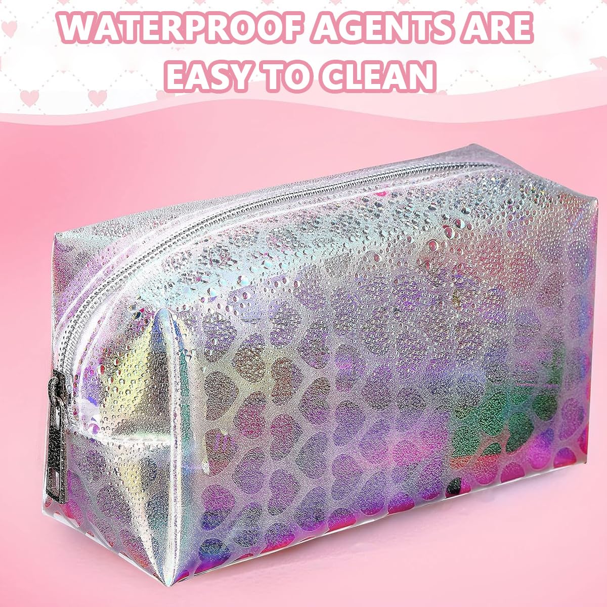 MAYCREATE Makeup Pouch Organizer for Travel with 16×8.5×9cm Capacity featuring Semi‑Transparent TPU & Holographic Heart Print | Cosmetic Bag for Women and Girls