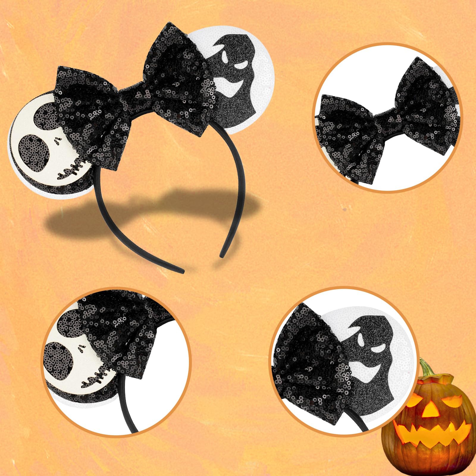 PATPAT Halloween Headband for Girls with Sequin Bow and Mickey Style Ears | Spooky Skull Ghost Costume Accessory