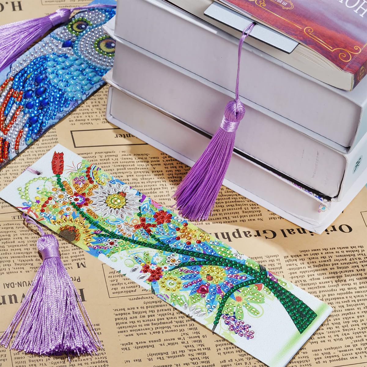 OFIFO DIY Bookmarks for Craft Making with Tassel featuring PU Leather Backing 8.3x2.4 in | Flower Diamond Art Kit for Beginners and Adults