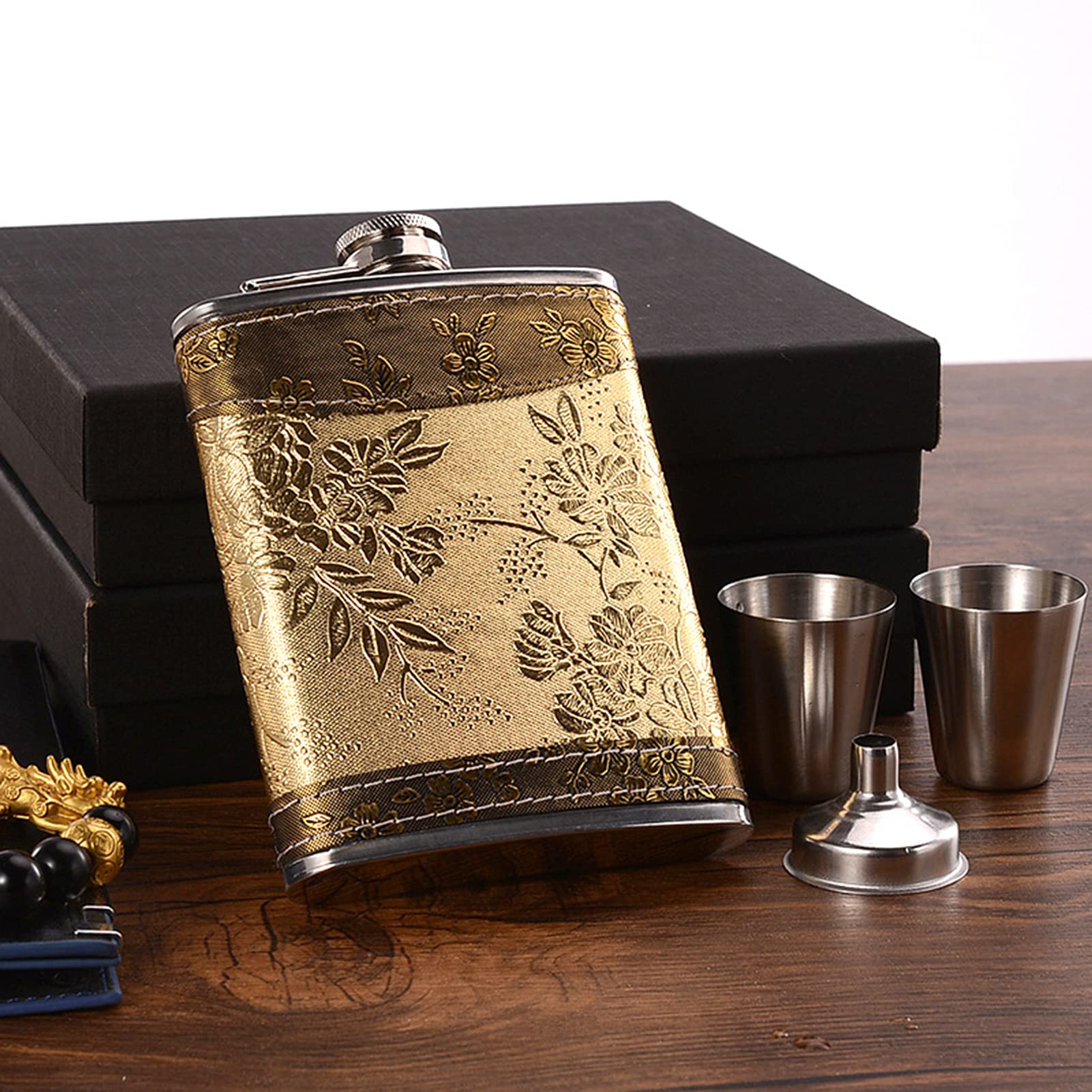 ELEPHANTBOAT Whiskey Flask for Travel and Gift with Tight-Seal Lid and Two Cups 8oz Stainless Steel Yellow