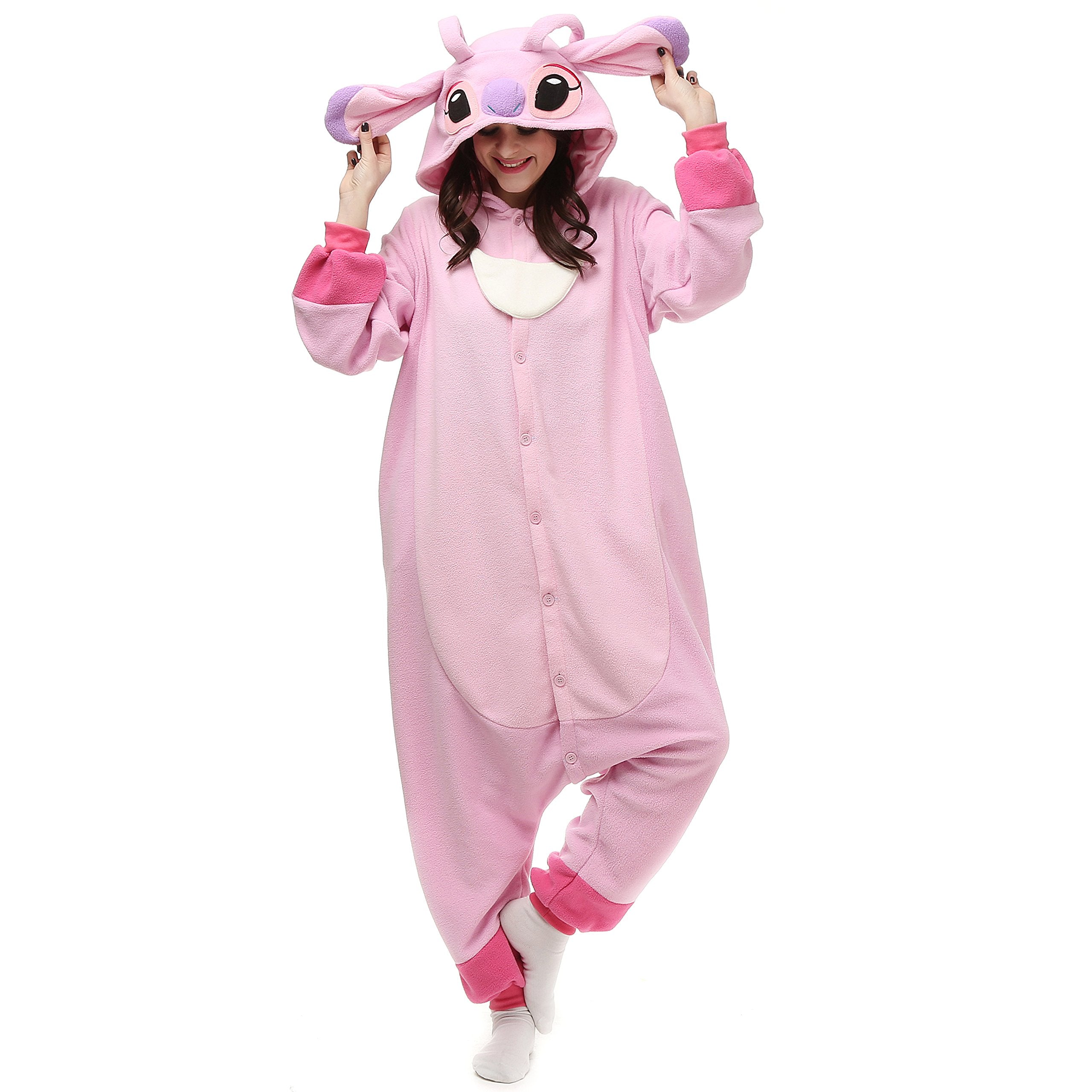 PALAY® Sleeping Pajamas for Teens & Adults Cute Stitch Flannel Sleeping Pajamas Stitch Cosplay Hoodie Pajamas Sleeping Pajamas Soft Plush Sleeping Pajamas for Sleepovers Pajamas Party, L, Pink