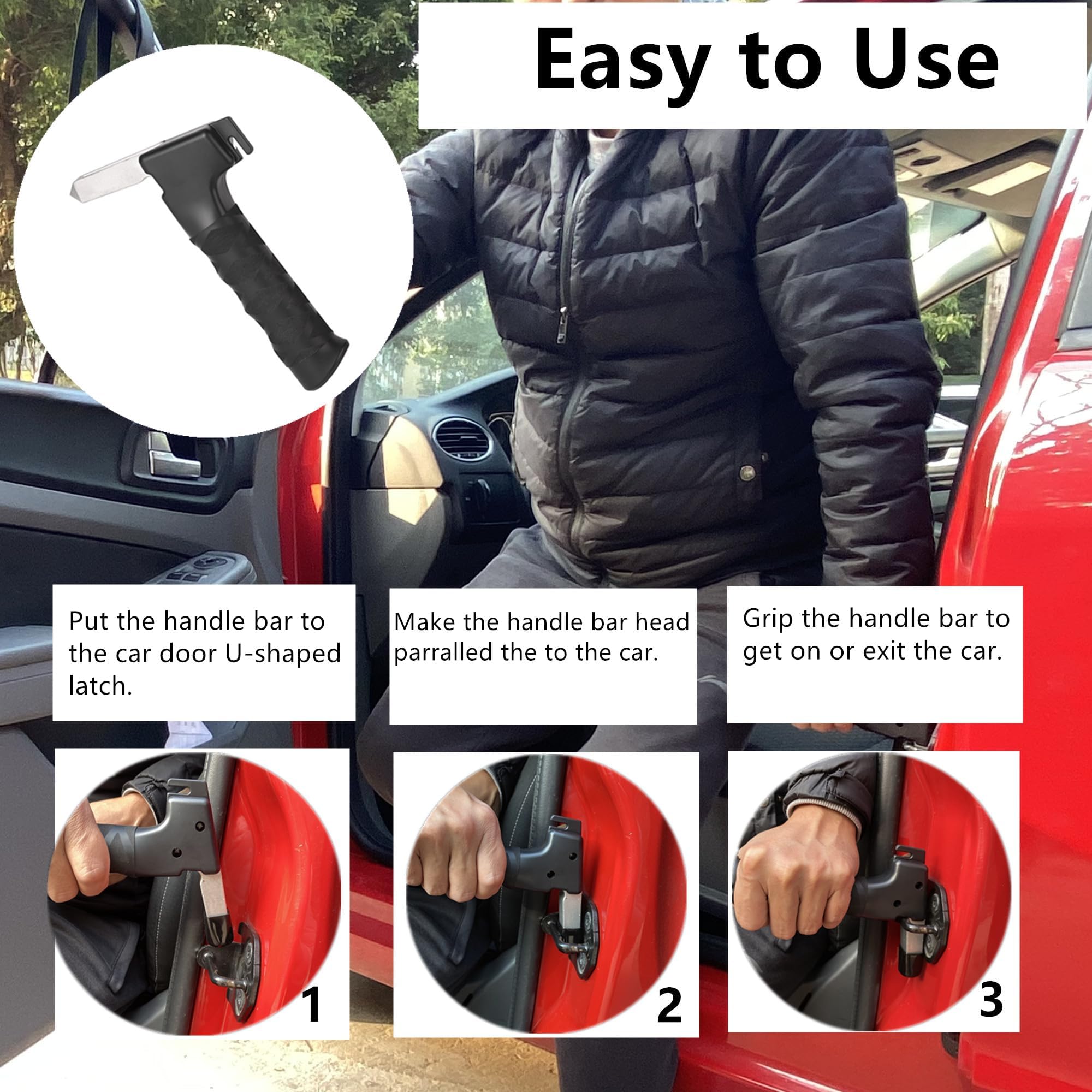 STHIRA Car Assist Handle for Elderly with Safety Hammer and Belt Cutter 165lbs Load | Aluminum Alloy Anti Slip Grip