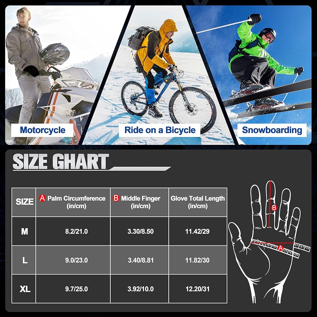 ZIBUYU® Winter Gloves for Men Warm Bike Riding Touch Screen Finger Microfiber Anti-Slip Windproof Waterproof Snow Ski Hand Black 3PCS