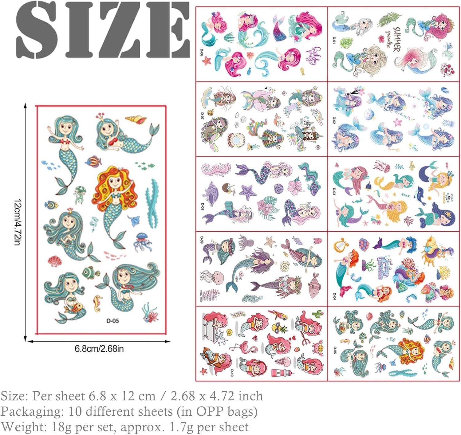 ZIBUYU Mermaid Temporary Tattoo Stickers Set for Parties and Festivals with 10 Sheets | Waterproof Cute Designs for Kids and Girls