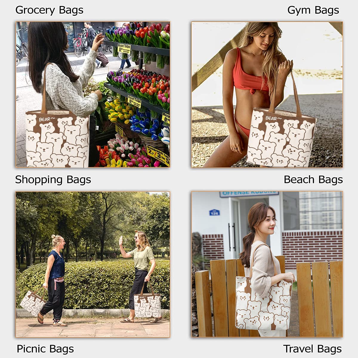 Venzina Tote Bag for Women with 40×35×6cm Capacity featuring Double Lining Canvas | Cute Cartoon Bear Print for Shopping and Daily Use