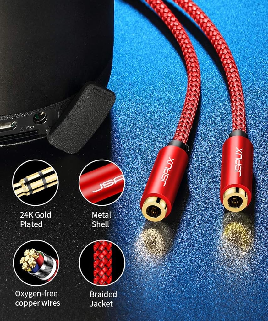 JSAUX® Headphone Splitter 3.5mm 2 Female to 1 Male Audio Stereo Y Cable Dual Adapter Compatible with PS5 Xbox Switch PC Gaming Headsets Phone Tablet Laptop Red 2 PCS