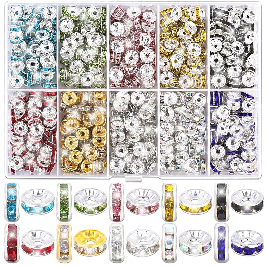 Venzina Crystal Spacer Beads for Jewelry Making with 600pcs 8mm Rhinestone Rondelles | 10 Colors for DIY Bracelets and Crafts