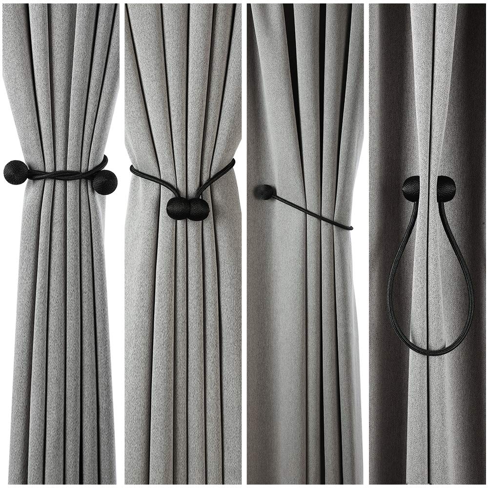 HASTHIP Magnetic Curtain Tiebacks Pack of 2 for Home and Office with 16in Rope | Eco-Friendly Woven Black Holdbacks