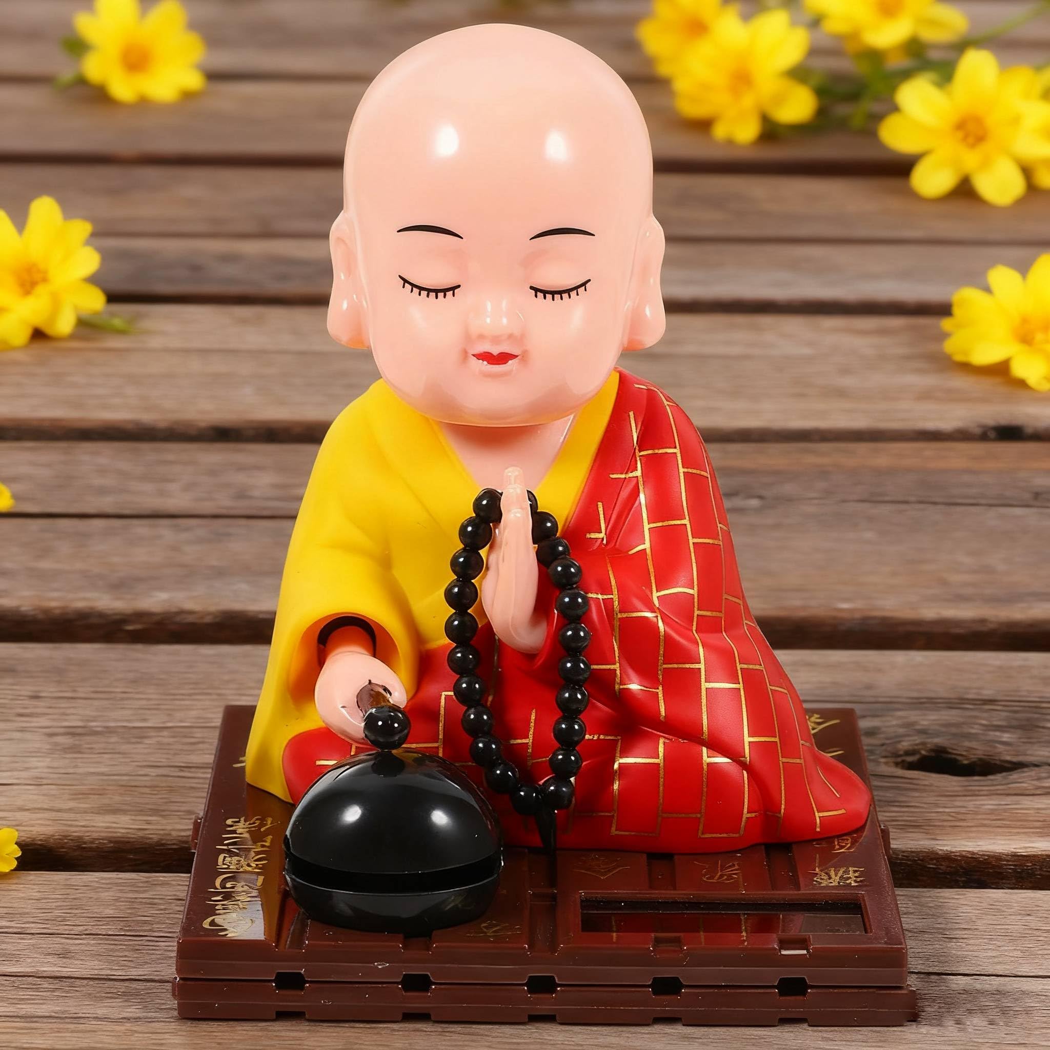 HASTHIP Solar Powered Buddha Figurine for Car or Desk with Moving Head and Hand | 7.5x7.5x9.5cm ABS Meditation Ornament