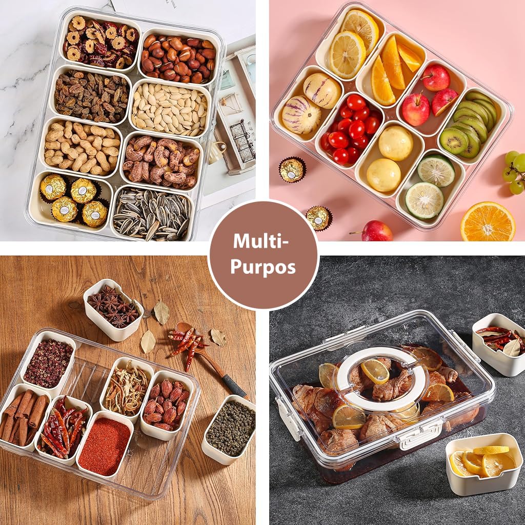 Supvox Fridge Organiser Storage Box for Kitchen with 8 Compartments 28x21x6.5cm | Transparent Lid and Silicone Seal