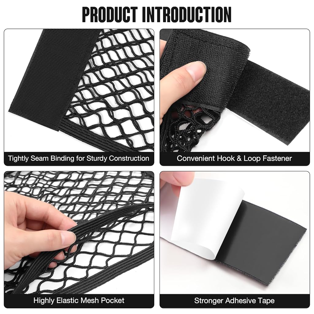 HASTHIP® 2PCS Car Storage Net Bag with Tape Stickers, Adhesive Mesh Pocket Net String Pouch Bag, Stretchable RV Storager Netting, Wall Sticker Organizer Pouch Bags for Home Storage-Black