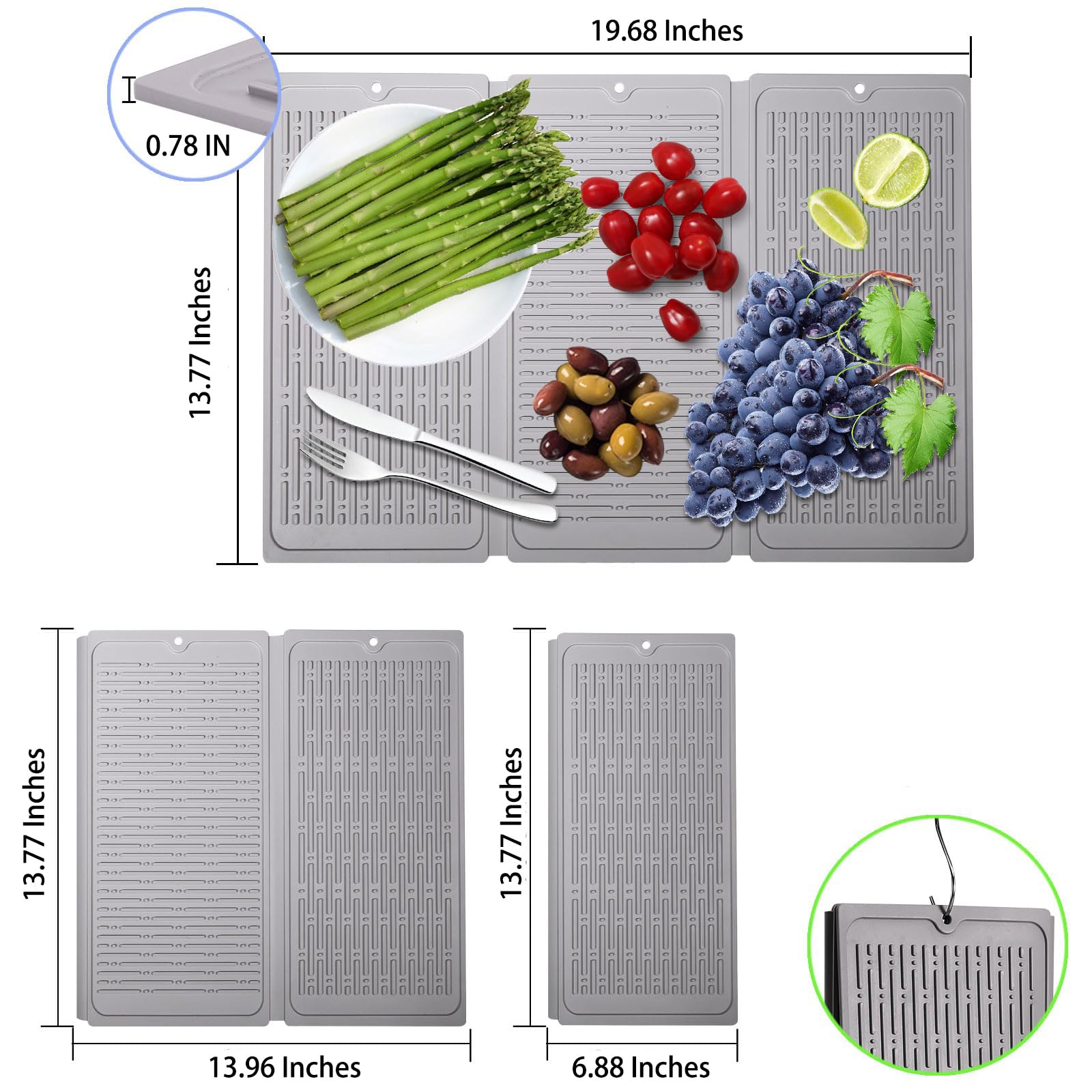 Supvox Silicone Dish Drying Mat for Kitchen Utensils 24 x 13 in with Trifold Design | Heat Resistant and Slip Proof